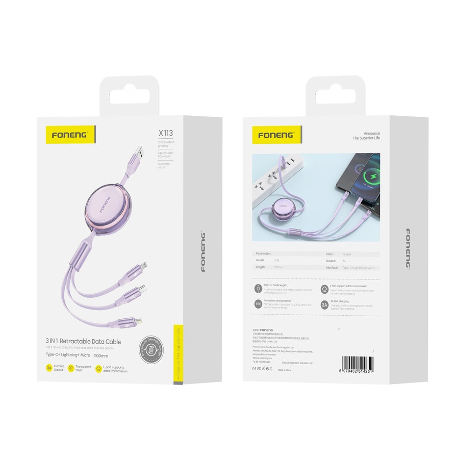 Kabel 3w1 FONENG X113 3A 1.1m, fioletowy