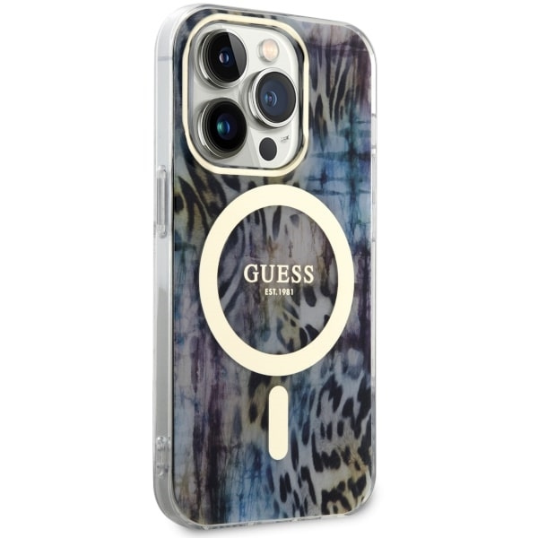 Guess GUHMP14LHLEOPWB Apple iPhone 14 Pro blue hardcase Leopard MagSafe
