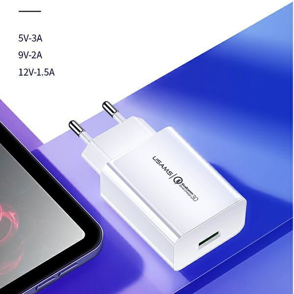 USAMS T22 Wall Charger 1xUSB 18W 3A QC3.0 + USB-C cable 1m white T48OCLN01