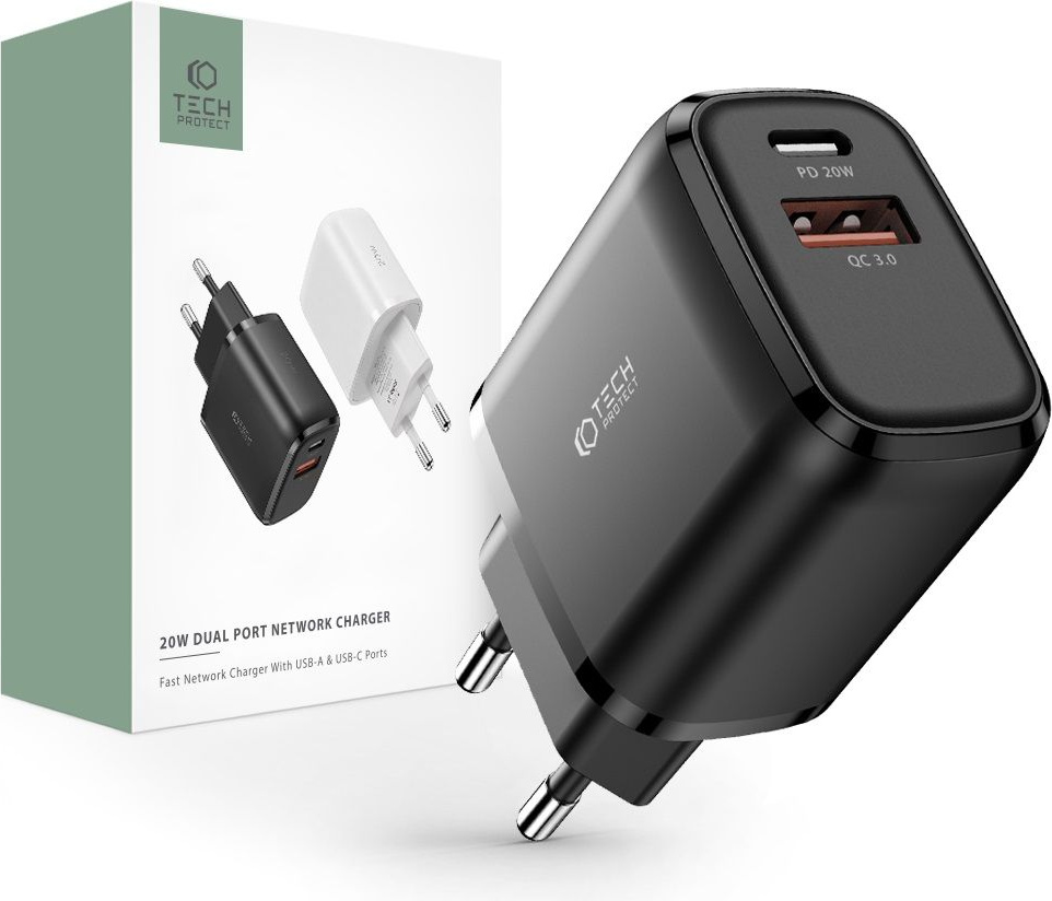 Tech-Protect C20W 2-port Network Charger PD 20W QC 3.0 Black