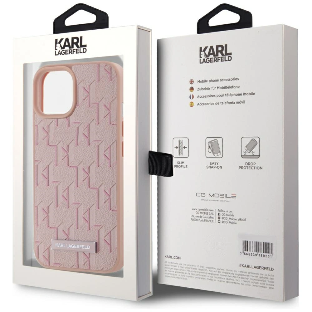 Etui Karl Lagerfeld Leather Monogram Metal Logo MagSafe do Apple iPhone 15 różowy
