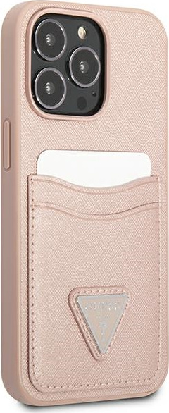 Guess GUHCP13XPSATPP Apple iPhone 13 Pro Max pink hardcase SaffianoTriangle Logo Cardslot