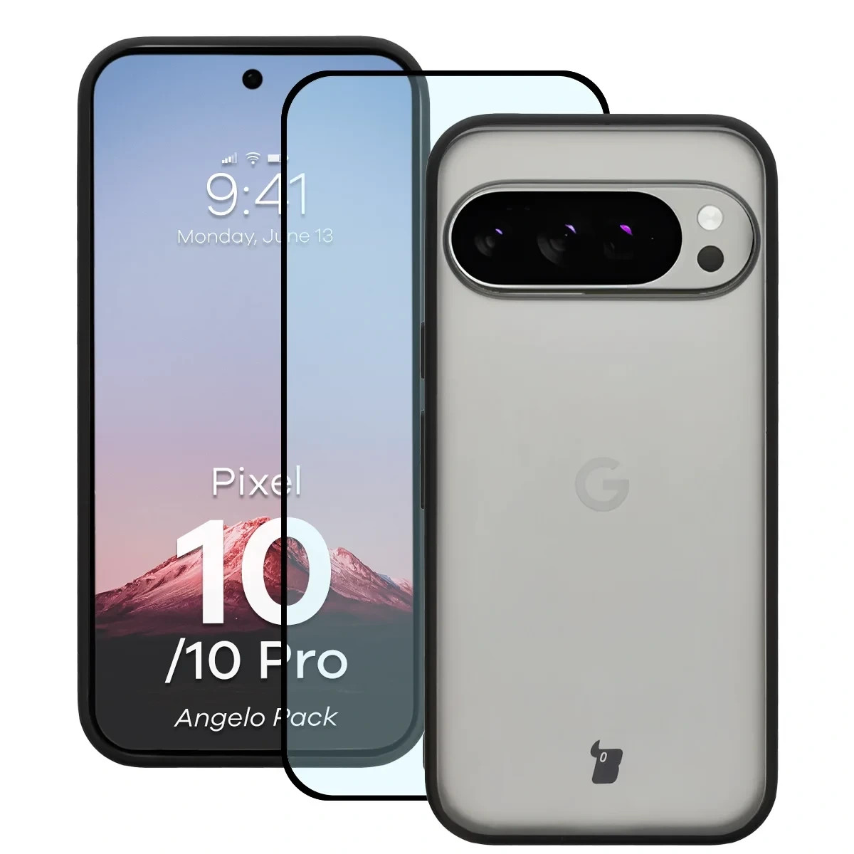 Etui + szkło hartowane Bizon Angelo Pack do Google Pixel 10 / 10 Pro, przydymione z czarną ramką
