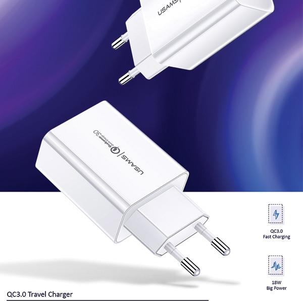 USAMS Wall Charger 1xUSB T22 18W 3A QC3.0 Fast Charging white CC83TC01 (US-CC083)