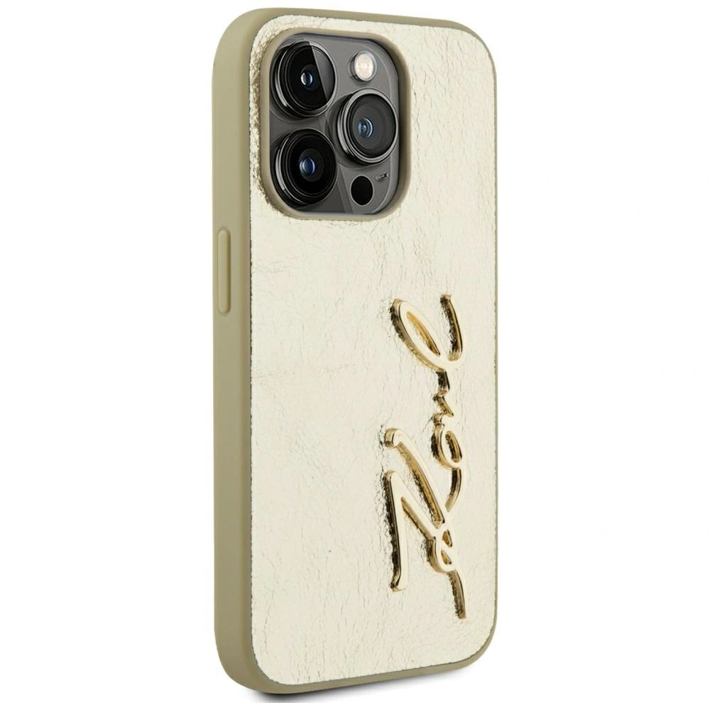 Etui Karl Lagerfeld Wrinkled Metal Signature do Apple iPhone 15 Pro złoty