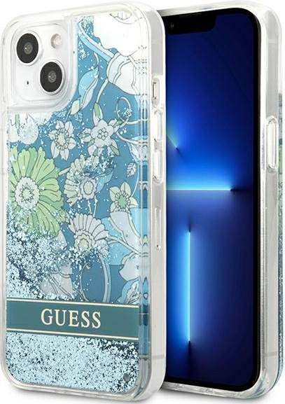 Guess GUHCP13MLFLSN Apple iPhone 13 green hardcase Flower Liquid Glitter