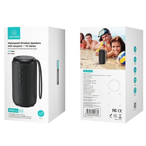 USAMS Waterproof Wireless Speaker with Lanyard YC Series Bluetooth 5.0 10W black YC011YX01