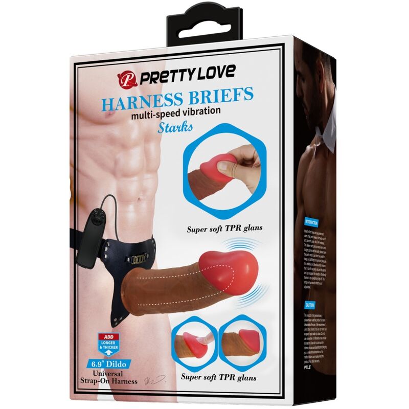 PRETTY LOVE - HARNESS BRIEFS STARKS MULTI-SPEED VIBRATION DILDO 17,5 CM LIGHT BROWN