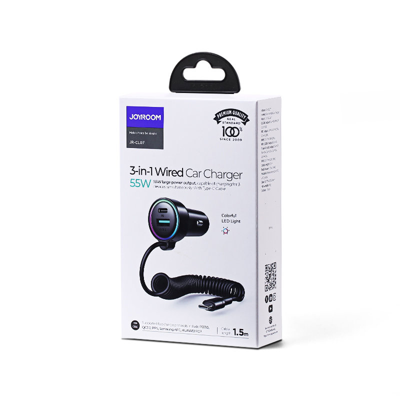 Joyroom fast car charger 3 in 1 with USB-C cable 1.5m 55W black (JR-CL07)