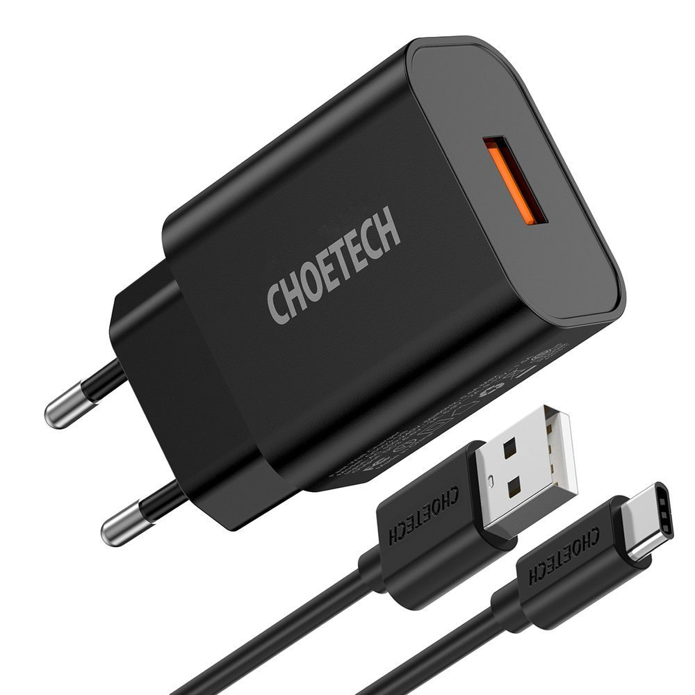 Choetech Q5003 Wall Charger QC3.0 18W 3A + USB-A/USB-C Cable 1m black