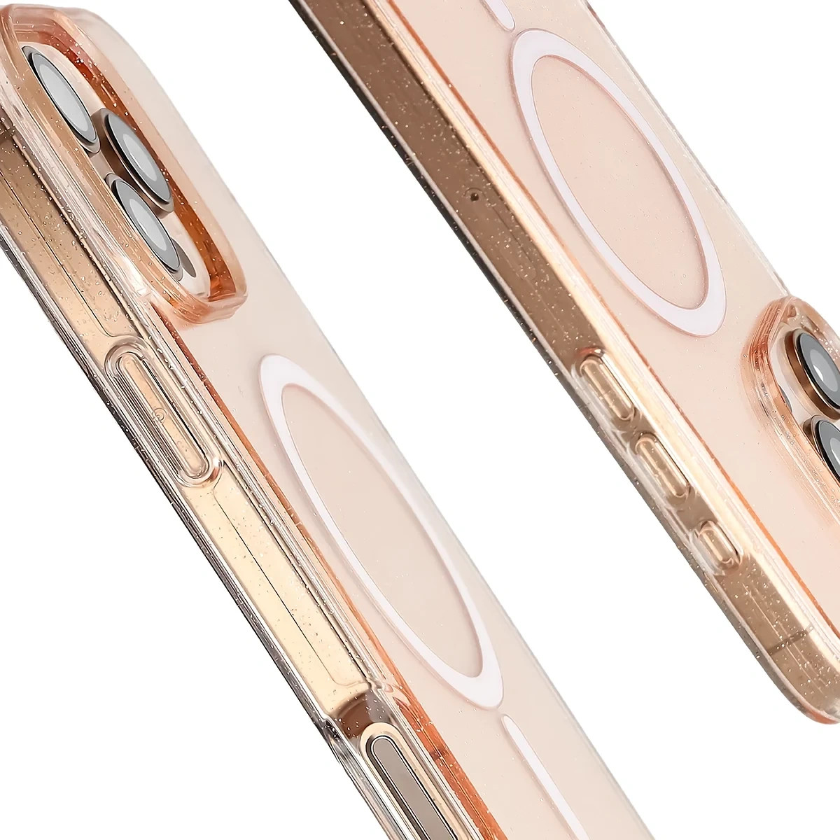 Etui brokatowe z pierścieniem magnetycznym Bizon Case SparklO do Apple iPhone 16 Pro Max, przezroczysto-jasnopomarańczowe z brokatem