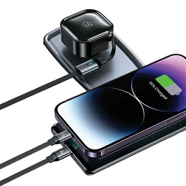 USAMS C41 2xUSB-C car charger with retractable cable PD 30W Fast Charge black