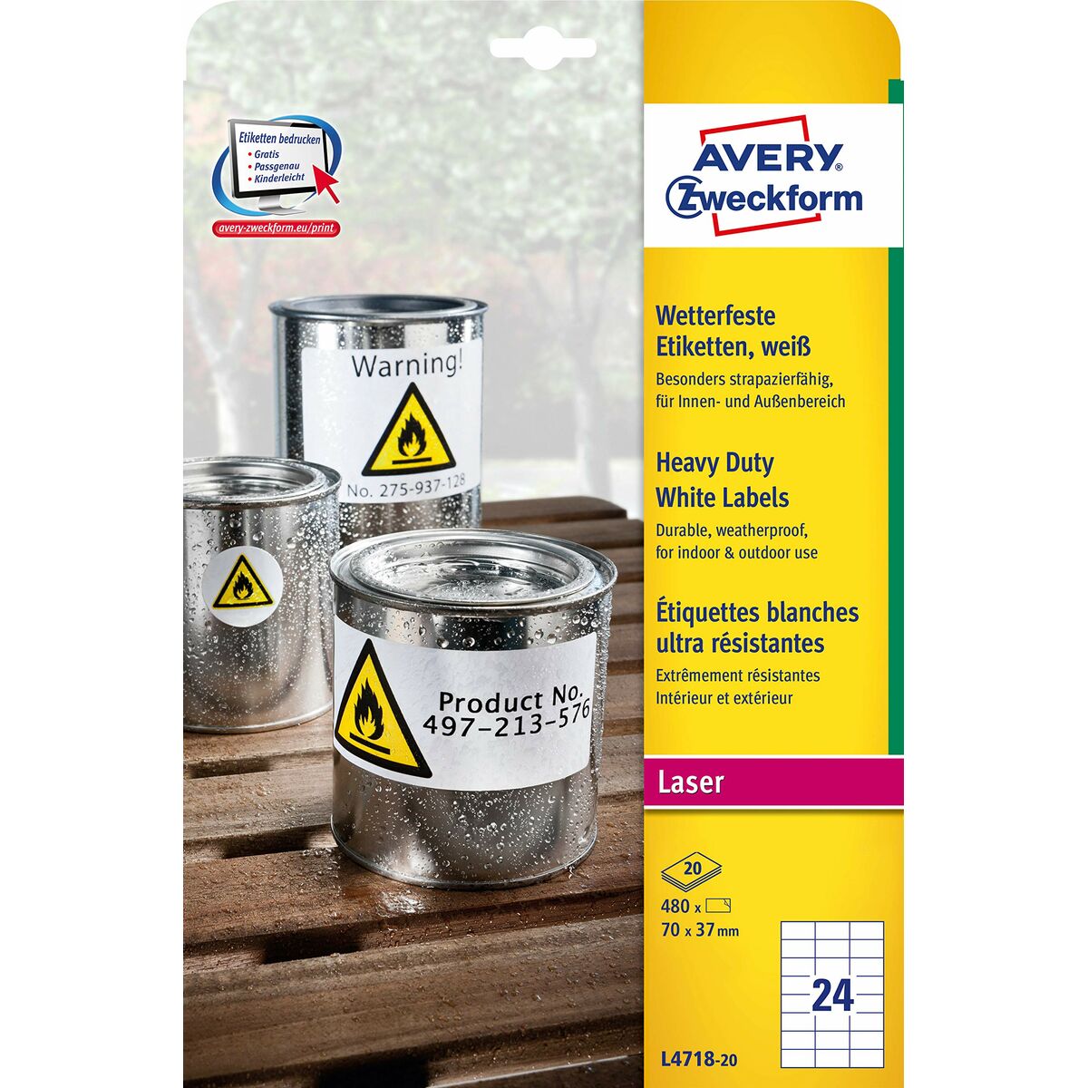 Adhesive labels Avery 20 Sheets 70 x 37 mm White