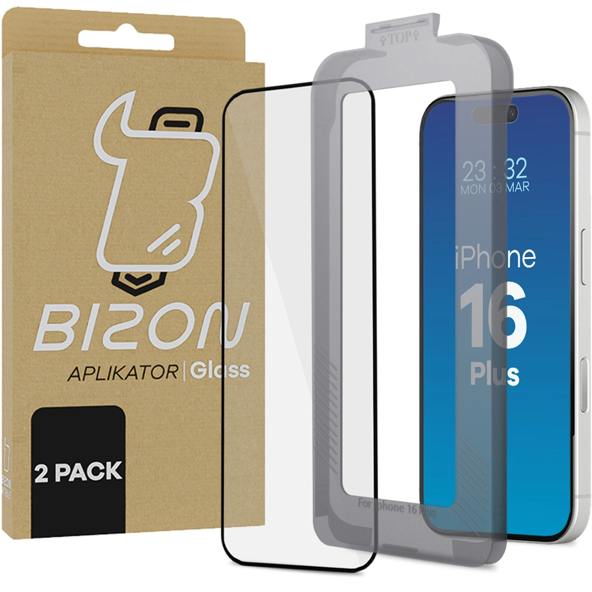 Tempered glass with mounting frame Bizon Glass Applicator for Apple iPhone 16 Plus [2 PACK]