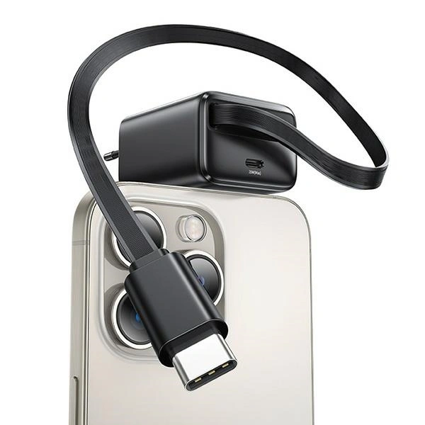 USAMS USB-C Wall Charger + Retractable USB-C Cable PD+QC 20W Gan Fast Charging Black YC Series