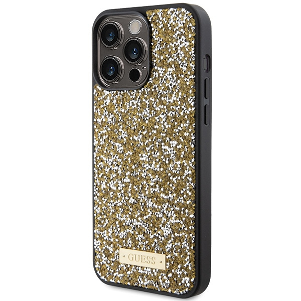 Guess GUHCP15LPFGSBSD Apple iPhone 15 Pro hardcase Rhinestone Metal Logo yellow