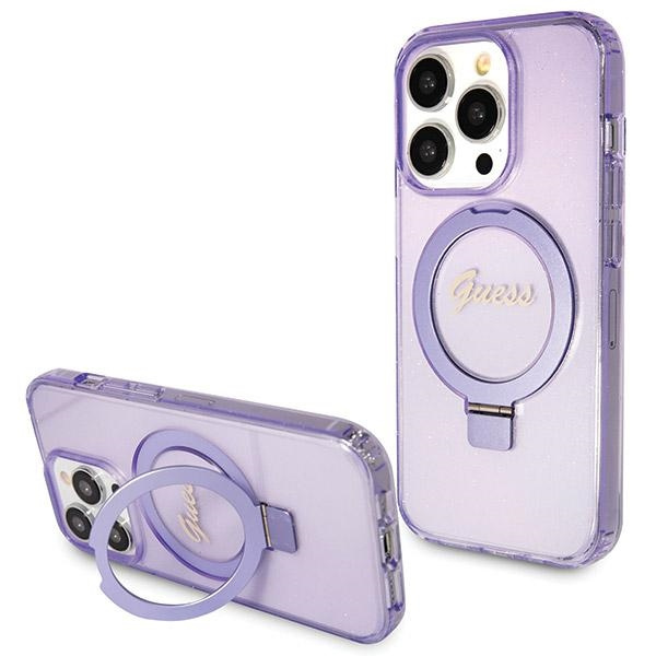 Guess GUHMP14LHRSGSU Apple iPhone 14 Pro hardcase Ring Stand Script Glitter MagSafe purple