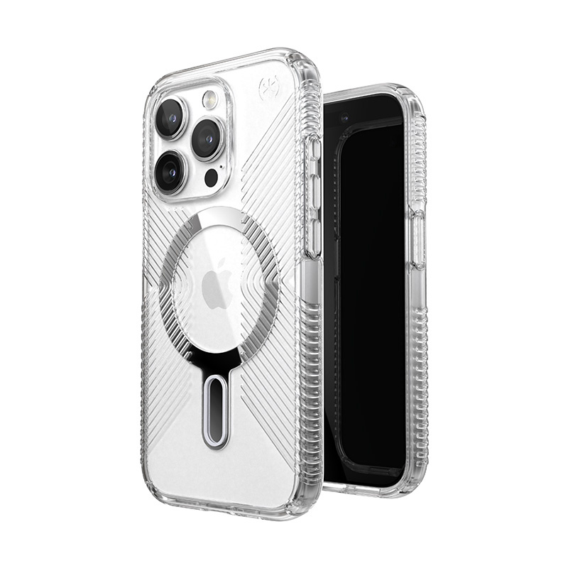 Speck Presidio Perfect-Clear Grip ClickLock MagSafe Apple iPhone 15 Pro (Clear/Chrome Finish/Serene Silver)
