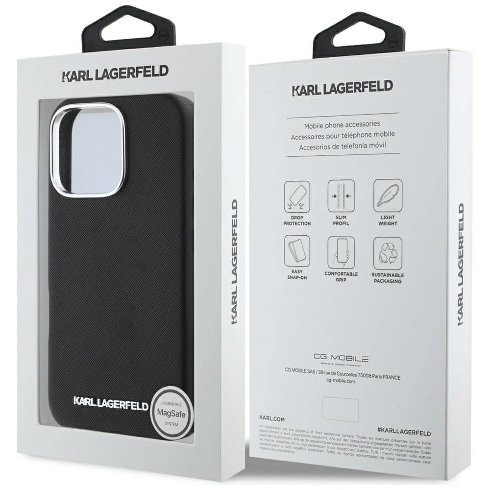 Karl Lagerfeld Saffiano Full Wrapped Elongated Metal Logo MagSafe Apple iPhone 16 Pro Max black