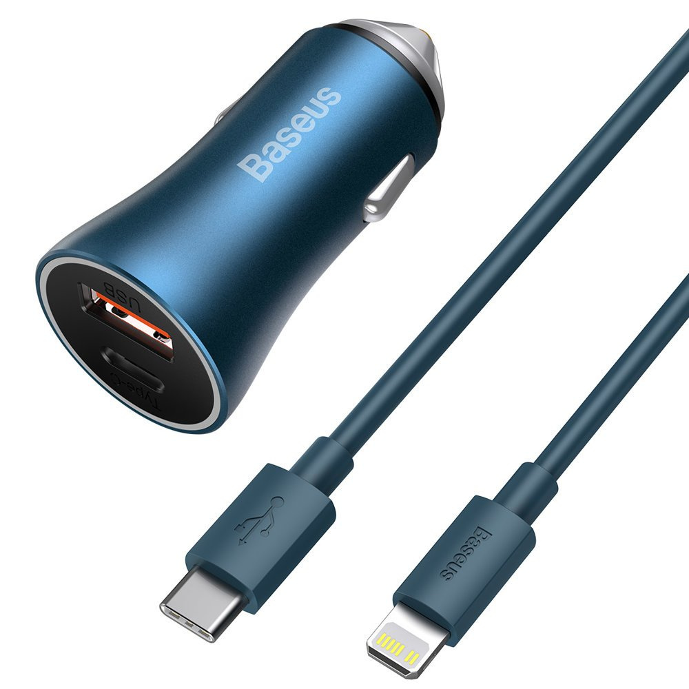 Baseus Golden Contactor Pro Car Charger USB-C/USB 40W PD 3.0 QC 4.0+ SCP FCP AFC + USB-C/Lightning cable blue