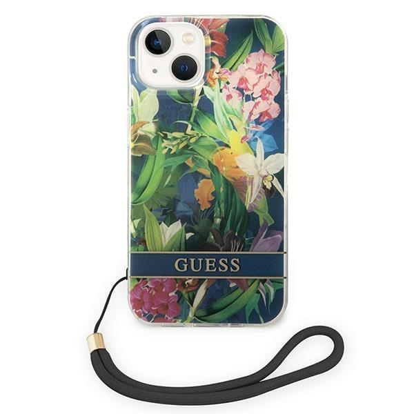Guess GUOHCP14SHFLSB Apple iPhone 14 blue hardcase Flower Strap