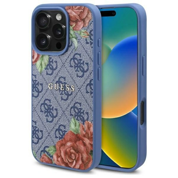 Guess GUHMP16SP4ROPEMCB Apple iPhone 16 hardcase 4G Flowers Print MagSafe blue