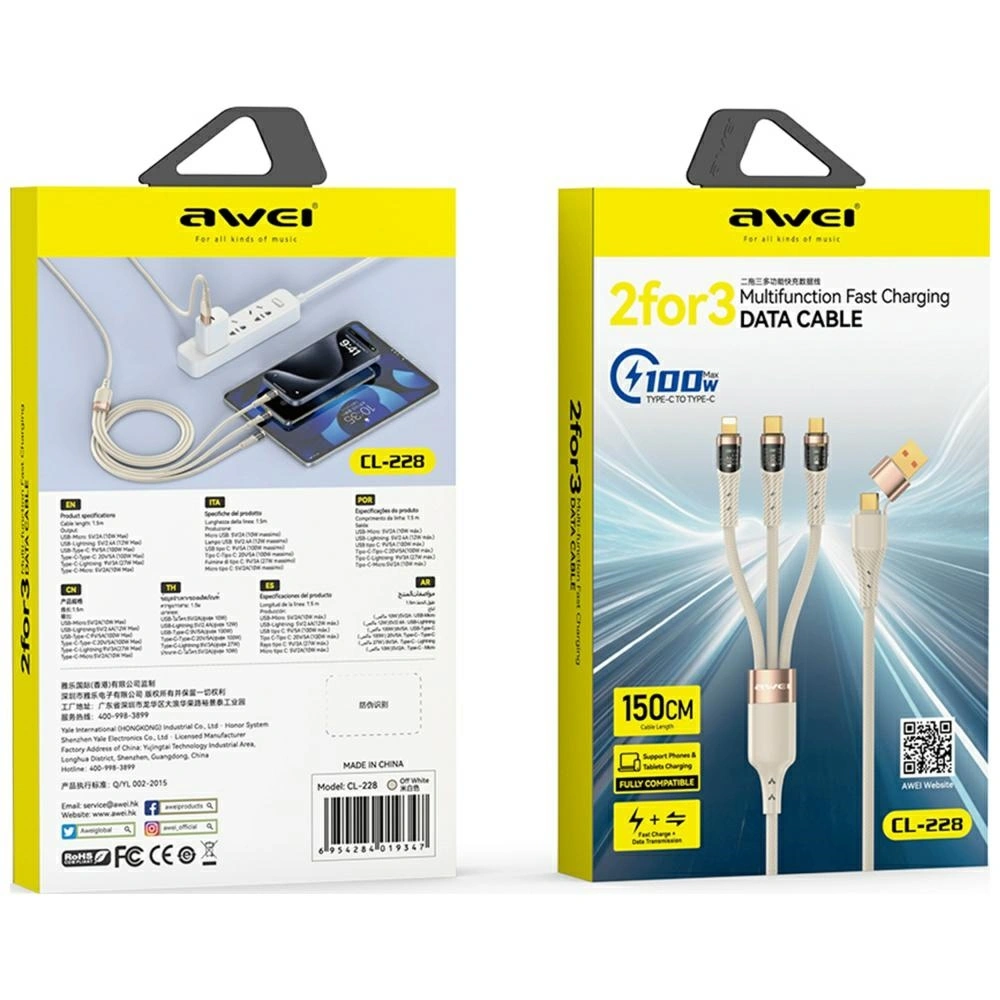 Kabel AWEI CL-228 USB-A,USB-C / USB-C, Lightning, microUSB czarny