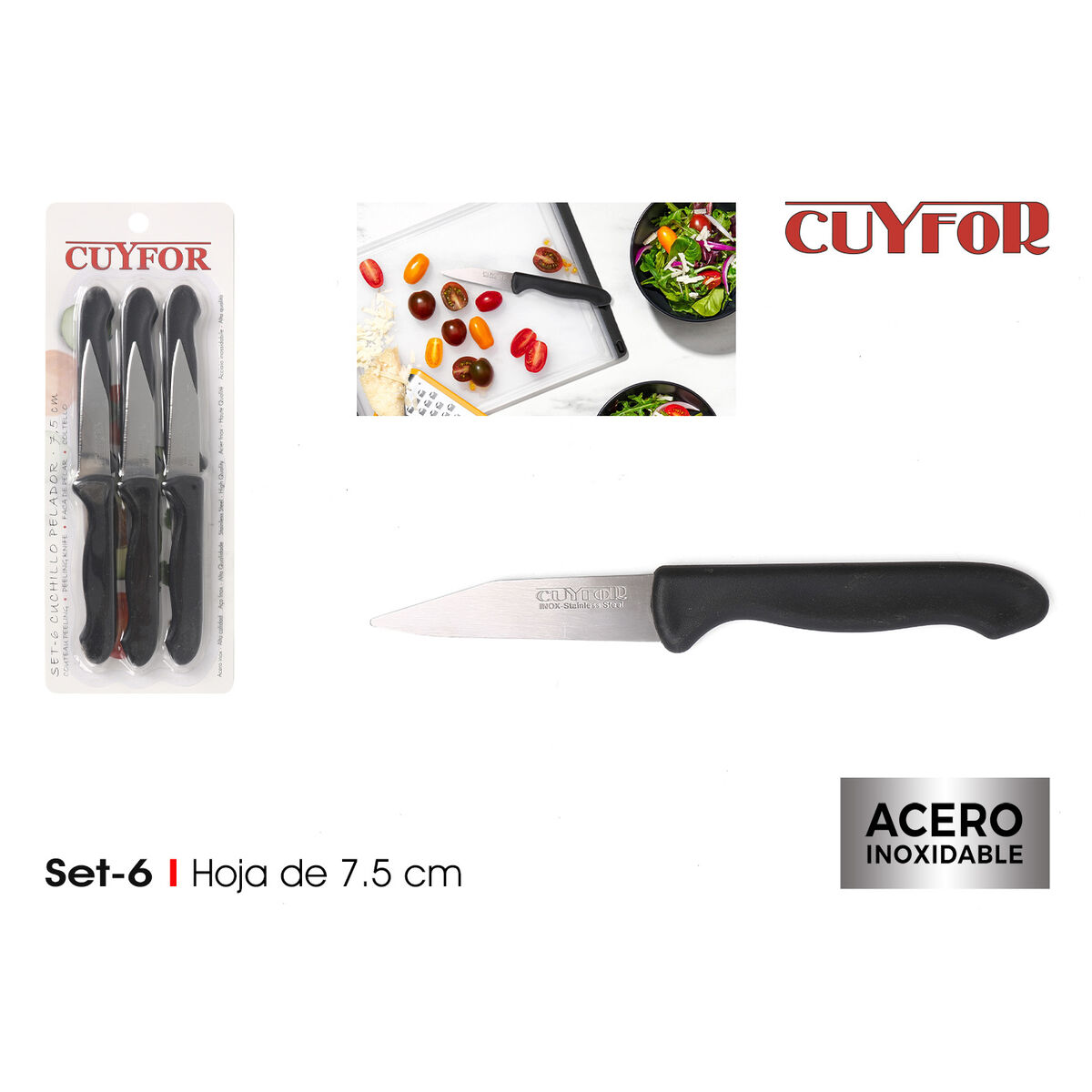 Peeler Knife Set Cuyfor Black Silver Stainless steel 7,5 cm 6 Pieces (24 Units)