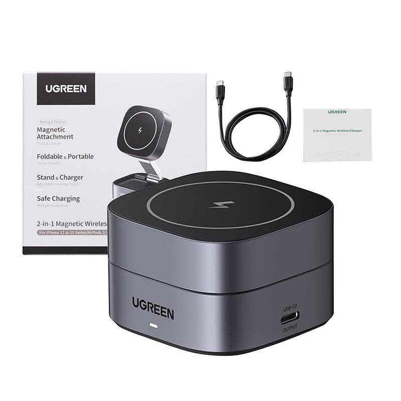 UGREEN W256 Qi 2-in-1 inductive charger iPhone, AirPods, 20W black + USB-C / USB-C cable 1m