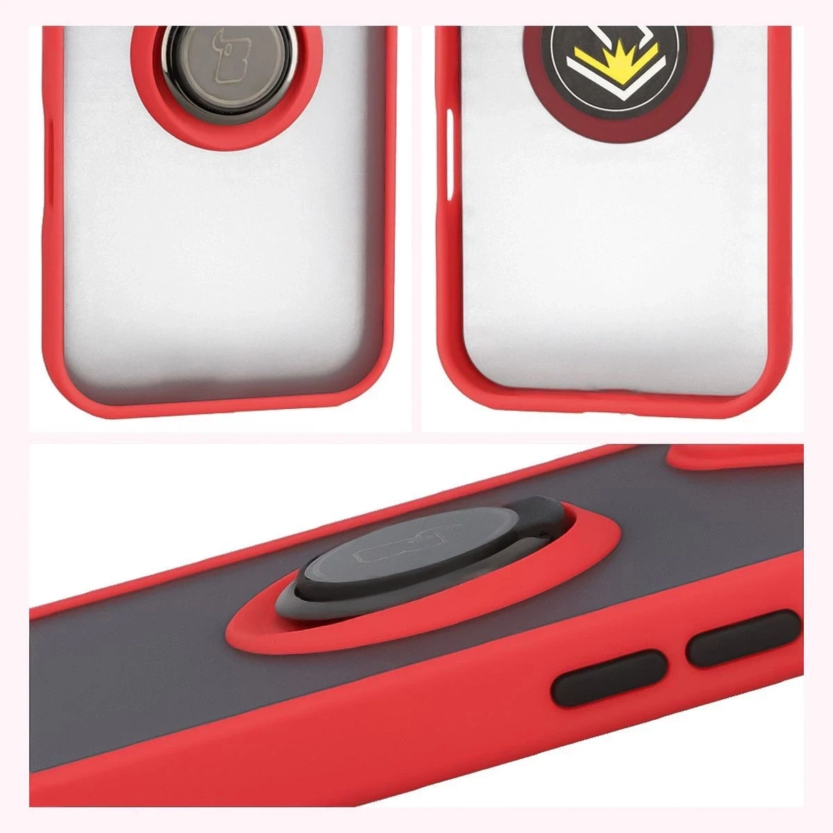 Etui z uchwytem na palec Bizon Case Hybrid Ring do Apple iPhone 17 przydymione z czerwoną ramką