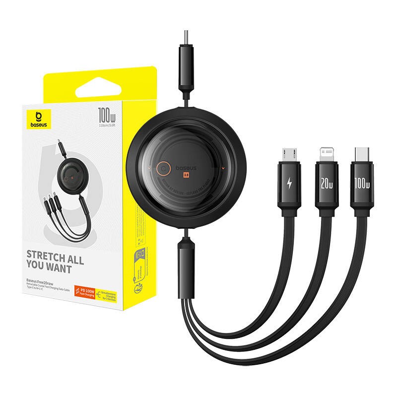 Baseus Free2Draw 3w1 USB-C / USB-C, Lightning, MicroUSB cable 100W 1.1m black