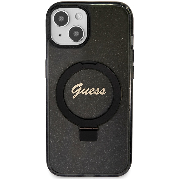 Guess GUHMP14SHRSGSK Apple iPhone 13 / 14 / 15 hardcase Ring Stand Script Glitter MagSafe black