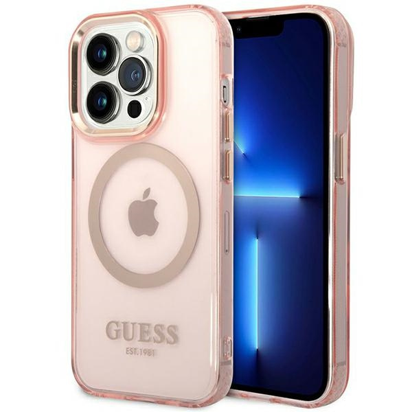 Guess GUHMP14XHTCMP Apple iPhone 14 Pro Max pink hard case Gold Outline Translucent MagSafe