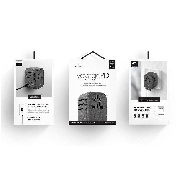 UNIQ Wall charger Voyage World Adapter 33W + 2xUSB + PD 18W + QC 3.0 charcoal grey (LITHOS Collective)