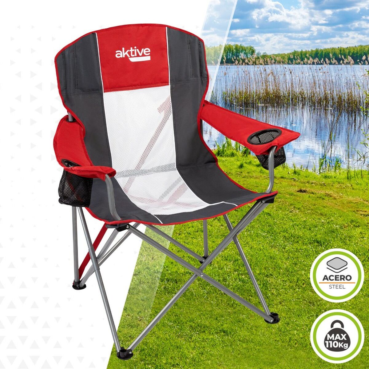 Foldable Camping Chair Aktive Red Dark grey 56 x 98 x 59 cm (4 Units)