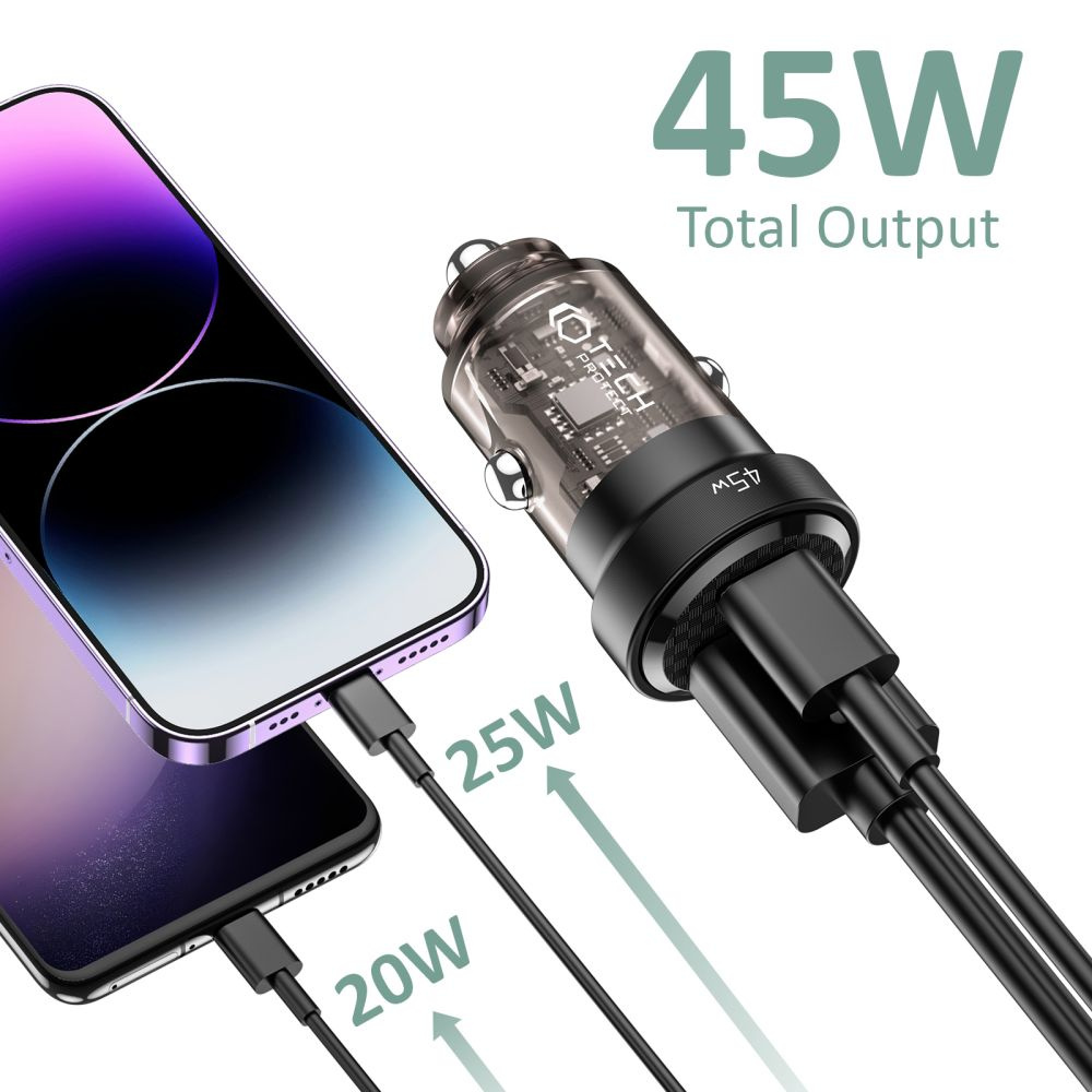 Tech-protect CC45W 2-port Car Charger PD 45W QC 3.0 Black