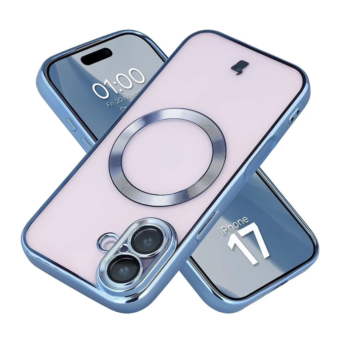 Etui z ochroną aparatu i pierścieniem magnetycznym Bizon Case GuardO do Apple iPhone 17, przezroczysto-niebieskie