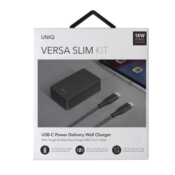 UNIQ Wall charger Versa Slim  USB-C PD 18W + USB-C to USB-C Cable charcoal black (LITHOS Collective)