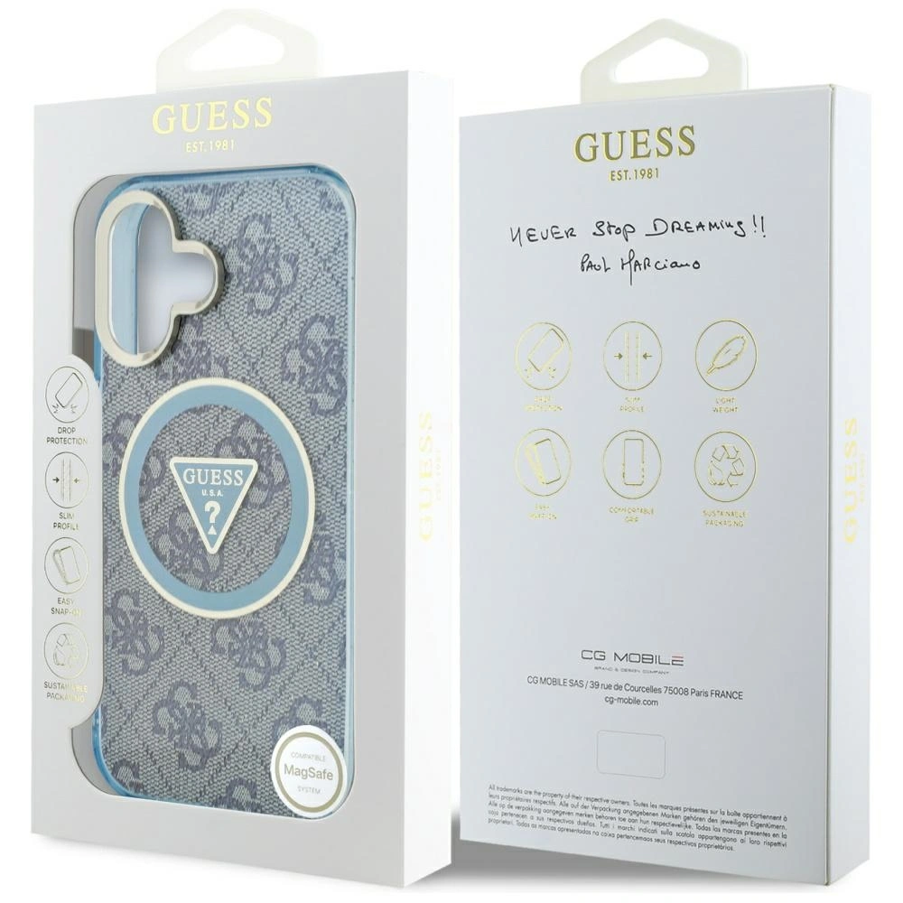Etui Guess IML Metal Glitter 4G Circle Triangle MagSafe do Apple iPhone 16 niebieski
