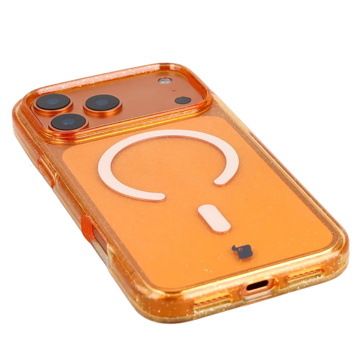 Etui brokatowe z pierścieniem magnetycznym Bizon Case SparklO do Apple iPhone 17 Pro Max, przezroczysto-pomarańczowe z brokatem