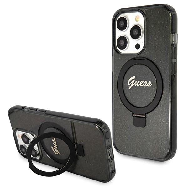 Guess GUHMP14LHRSGSK Apple iPhone 14 Pro hardcase Ring Stand Script Glitter MagSafe black