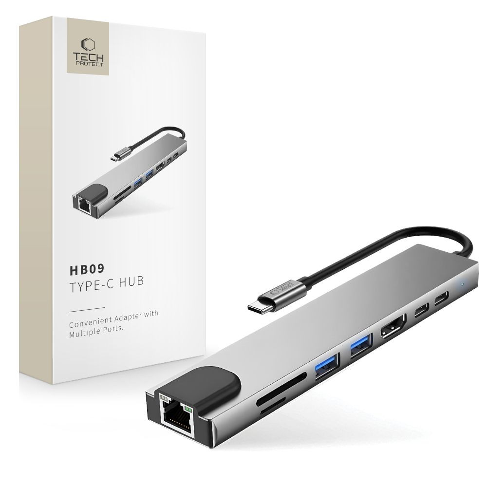 Adapter 8w1 Tech-Protect HB09 Hub Adapter 8in1 USB-C / 2xUSB-A 3.0, USB-C 3.0, USB-C PD 100W, HDMI 4K 60Hz, SD/TF, RJ45 1000Mb/s Space Grey