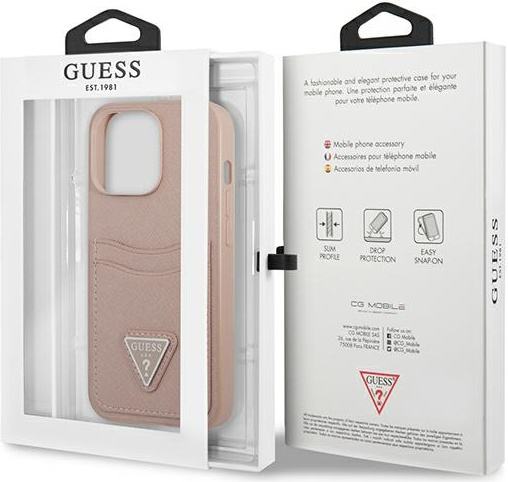 Guess GUHCP13XPSATPP Apple iPhone 13 Pro Max pink hardcase SaffianoTriangle Logo Cardslot