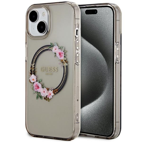 Guess GUHMP15SHFWFCK Apple iPhone 15 / 14 / 13 hardcase IML Flowers Wreatch MagSafe black