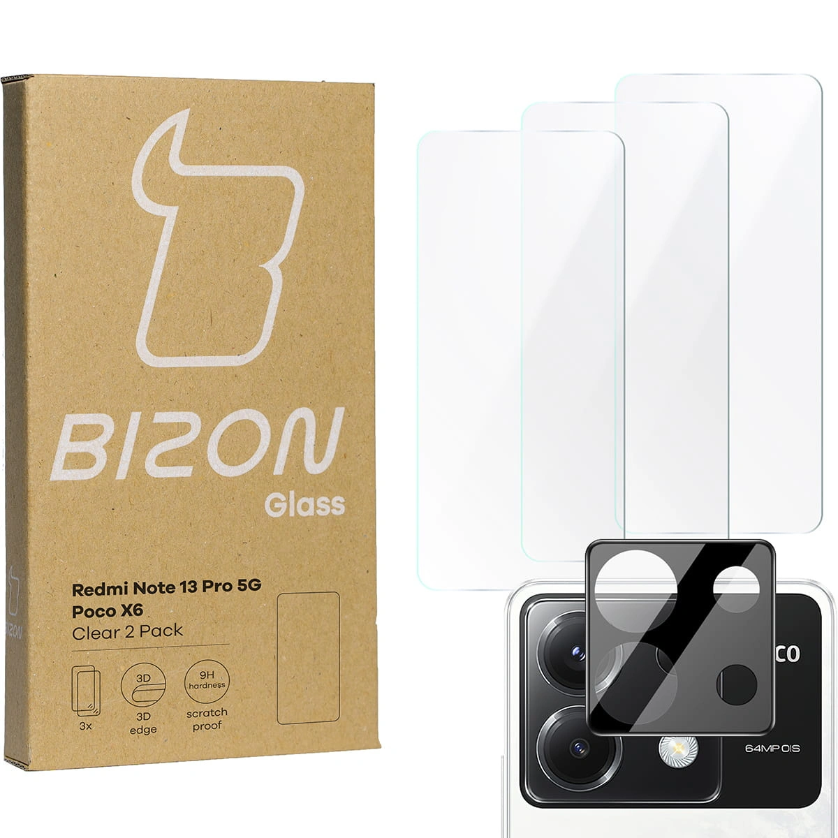 BIZON Clear 3x screen glass + camera glass Xiaomi Poco X6 / Redmi Note 13 Pro 5G