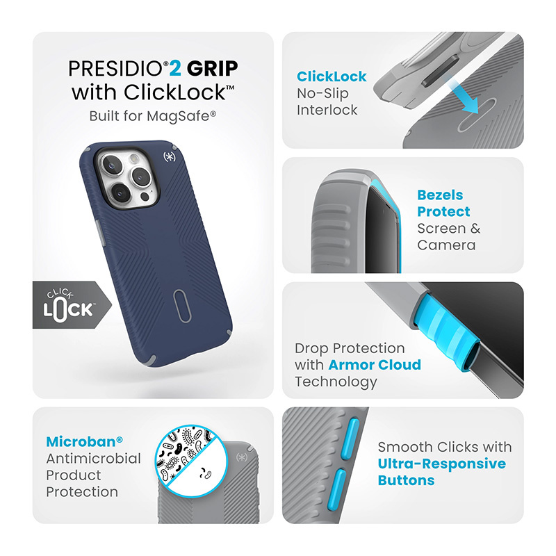 Speck Presidio2 Grip ClickLock & MagSafe Apple iPhone 15 Pro (Coastal Blue/Dust Grey)