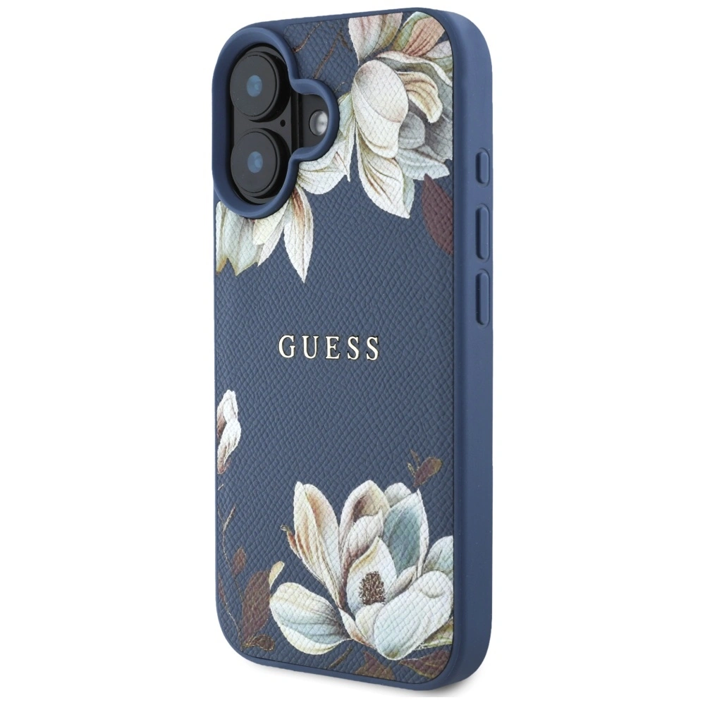 Guess Grained Printed Flower Pattern MagSafe Apple iPhone 16 blue
