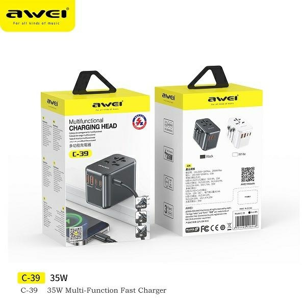 AWEI C-39 travel charger 2xUSB-A, 3xUSB-C 35W US/AU/EU/UK black