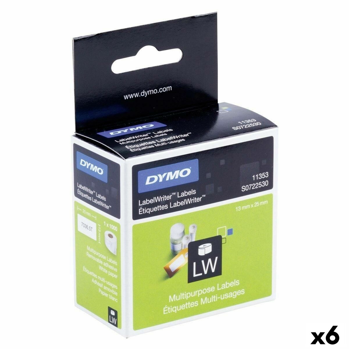 Etykiety na rolce Dymo Biały Czarny 1000 Części 13 x 25 mm (6 Sztuk)