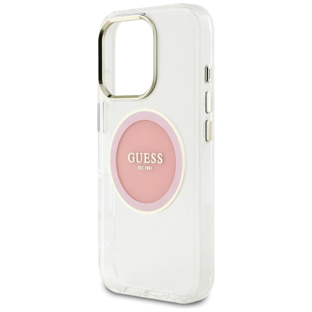 Etui Guess IML Metal Colored Circle Classic Logo MagSafe do Apple iPhone 16 Pro różowy